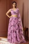 Buy_Samyukta Singhania_Purple Chiffon Printed Floral V Neck Mellow Lehenga Set _at_Aza_Fashions