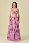 Buy_Samyukta Singhania_Purple Chiffon Printed Floral V Neck Mellow Lehenga Set 