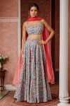 Buy_Samyukta Singhania_Blue Blouse And Lehenga Chanderi Printed Floral Scallop Titanium Set _at_Aza_Fashions