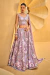 Samyukta Singhania_Purple Lehenga And Blouse Organza Embroidered Stone Leaf Floral Blossom Set _Online_at_Aza_Fashions