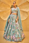 Buy_Samyukta Singhania_Green Lehenga And Blouse Organza Embroidered Stone Leaf Blossom Zari Set _at_Aza_Fashions