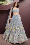 Buy_Samyukta Singhania_Blue Net Embroidered Stone Leaf Garden Thread Lehenga Set _at_Aza_Fashions