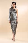 AMRTA by GUNEET KONDAL_Shell 100% Satin One Shoulder Neck Metallic Ruched Waist Dress _at_Aza_Fashions