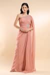 Buy_AMRTA by GUNEET KONDAL_Pink Shell 100% Viscose Georgette And Sequin Patch Embellished Ruched Gown _at_Aza_Fashions