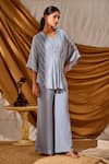 Buy_Meenal Paraswani_Blue Viscose Georgette Embroidery Chikankari V Neck Floral Kaftan And Pant Set _at_Aza_Fashions
