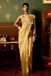 Buy_Reeti Arneja_Beige Flat Tissue Bloom Floral Applique Work Pre-draped Saree With Blouse _at_Aza_Fashions