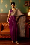 Buy_Reeti Arneja_Purple Butter Lycra Embroidery Shimmer V Neck Iris Saree Gown _at_Aza_Fashions