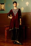 Buy_Reeti Arneja_Maroon Micro Velvet Hand Embroidered Bead Round Sangria Kurta With Palazzo _at_Aza_Fashions