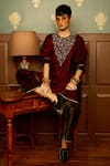 Reeti Arneja_Maroon Micro Velvet Hand Embroidered Bead Round Sangria Kurta With Palazzo _Online_at_Aza_Fashions