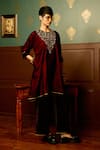 Buy_Reeti Arneja_Maroon Micro Velvet Hand Embroidered Bead Round Sangria Kurta With Palazzo _Online_at_Aza_Fashions