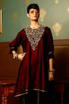 Shop_Reeti Arneja_Maroon Micro Velvet Hand Embroidered Bead Round Sangria Kurta With Palazzo _Online_at_Aza_Fashions