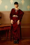 Buy_Reeti Arneja_Maroon Micro Velvet Hand Embroidered Bead Round Sangria Balero Top With Skirt _Online_at_Aza_Fashions