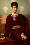 Shop_Reeti Arneja_Maroon Micro Velvet Hand Embroidered Bead Round Sangria Balero Top With Skirt _Online_at_Aza_Fashions