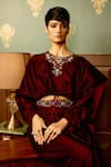 Reeti Arneja_Maroon Micro Velvet Hand Embroidered Bead Round Sangria Balero Top With Skirt _at_Aza_Fashions