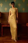 Buy_Reeti Arneja_Beige Crinkle Tissue Embroidered Zari Asymmetric Draped Gown _at_Aza_Fashions