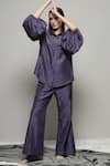 Buy_Sakshi Khetterpal_Purple Silk Embroidered Floral Oversized Sleeve Shirt And Bell Bottom Pant Set _at_Aza_Fashions