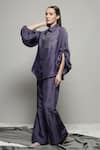 Sakshi Khetterpal_Purple Silk Embroidered Floral Oversized Sleeve Shirt And Bell Bottom Pant Set _at_Aza_Fashions