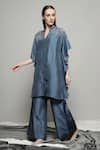 Buy_Sakshi Khetterpal_Grey Silk Embroidered Notched Kaftan Shirt And Pant Set _at_Aza_Fashions