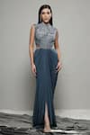 Buy_Sakshi Khetterpal_Grey Lycra Embroidered Halter Yoke Cutout Waist Gown _at_Aza_Fashions