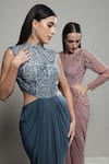 Sakshi Khetterpal_Grey Lycra Embroidered Halter Yoke Cutout Waist Gown _Online_at_Aza_Fashions