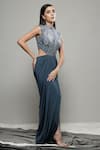 Buy_Sakshi Khetterpal_Grey Lycra Embroidered Halter Yoke Cutout Waist Gown 