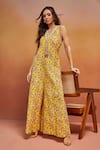 Buy_SHIKHA MALIK_Yellow 100% Cotton Print Floral V Neck Embellished Neckline Jumpsuit _at_Aza_Fashions