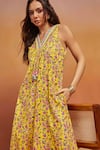 Buy_SHIKHA MALIK_Yellow 100% Cotton Print Floral V Neck Embellished Neckline Jumpsuit _Online_at_Aza_Fashions