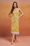 Buy_SHIKHA MALIK_Yellow Satin Print Floral Square Neck Handblock Midi Dress _at_Aza_Fashions