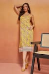 Buy_SHIKHA MALIK_Yellow Satin Print Floral Square Neck Handblock Midi Dress _Online_at_Aza_Fashions