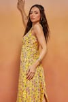 Shop_SHIKHA MALIK_Yellow Satin Print Floral Square Neck Handblock Midi Dress _Online_at_Aza_Fashions