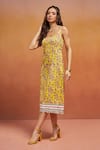 SHIKHA MALIK_Yellow Satin Print Floral Square Neck Handblock Midi Dress _at_Aza_Fashions