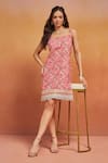 Buy_SHIKHA MALIK_Pink Satin Print Flora Square Neck Handblock Dress _at_Aza_Fashions