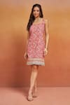 Buy_SHIKHA MALIK_Pink Satin Print Flora Square Neck Handblock Dress _Online_at_Aza_Fashions