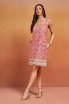 SHIKHA MALIK_Pink Satin Print Flora Square Neck Handblock Dress _at_Aza_Fashions