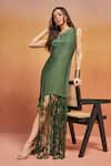 SHIKHA MALIK_Green Satin Embellished Cutwork Tassels Round Neck Dress _Online_at_Aza_Fashions