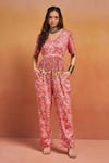 Buy_SHIKHA MALIK_Pink Satin Print Bloom V Neck Handblock Jumpsuit _at_Aza_Fashions