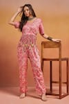 SHIKHA MALIK_Pink Satin Print Bloom V Neck Handblock Jumpsuit _Online_at_Aza_Fashions