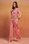 Shop_SHIKHA MALIK_Pink Satin Print Bloom V Neck Handblock Jumpsuit _Online_at_Aza_Fashions