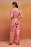 Shop_SHIKHA MALIK_Pink Satin Print Bloom V Neck Handblock Jumpsuit _at_Aza_Fashions