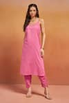 Shop_SHIKHA MALIK_Pink Silk Chanderi Embroidery Bloom And Cording Detail Kurta & Tulip Pant Set _Online_at_Aza_Fashions