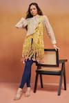 Buy_SHIKHA MALIK_Yellow Satin Print Phool V Neck Handblock Jacket _at_Aza_Fashions