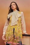 SHIKHA MALIK_Yellow Satin Print Phool V Neck Handblock Jacket _Online_at_Aza_Fashions