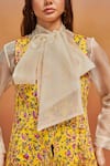 SHIKHA MALIK_Yellow Satin Print Phool V Neck Handblock Jacket _at_Aza_Fashions