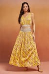 Buy_SHIKHA MALIK_Yellow 100% Cotton Print Phool V Neck Top With Skirt _at_Aza_Fashions