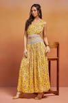 SHIKHA MALIK_Yellow 100% Cotton Print Phool V Neck Top With Skirt _Online_at_Aza_Fashions