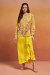 SHIKHA MALIK_Yellow 100% Cotton Print Phool Band Collar Handblock Tassel Embellished Shirt _Online_at_Aza_Fashions