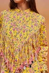 Buy_SHIKHA MALIK_Yellow 100% Cotton Print Phool Band Collar Handblock Tassel Embellished Shirt 