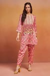 Buy_SHIKHA MALIK_Pink Satin Print Floral Round Neck Handblock Kurta With Pant _at_Aza_Fashions