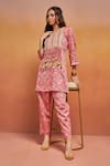 SHIKHA MALIK_Pink Satin Print Floral Round Neck Handblock Kurta With Pant _Online_at_Aza_Fashions