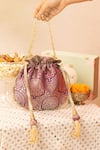 Buy_Amyra_Purple Pearls, Lace Embellished Banarasi Silk Potli _at_Aza_Fashions